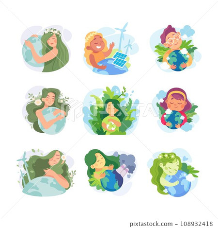 Ecology with Boy and Girl Character with Earth Globe Enjoy Sustainable Lifestyle Vector Set 108932418