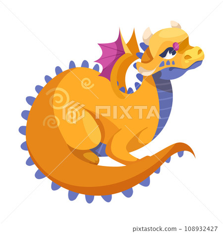 Fairy Orange Baby Dragon as Winged and Horned Legendary Creature Vector Illustration 108932427