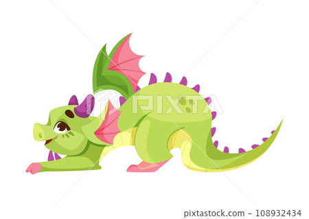 Fairy Green Baby Dragon as Winged and Horned Legendary Creature Vector Illustration 108932434