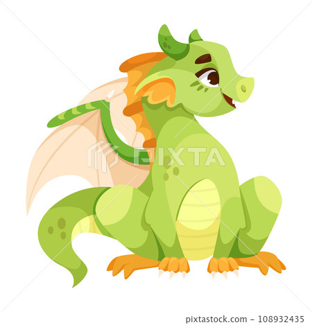 Fairy Green Baby Dragon as Winged and Horned Legendary Creature Vector Illustration 108932435