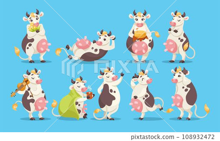 Funny Cow Character with Udder and Spotted Body Vector Set 108932472