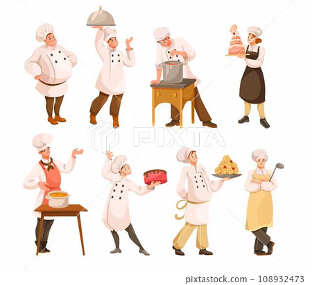 Cook or Chef Character in Uniform Cooking Meal Vector Illustration Set 108932473