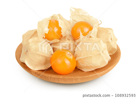 Cape gooseberry or physalis in wooden bowl isolated on white background wit full depth of field Cape gooseberry or physalis in wooden bowl isolated on white background wit full depth of field 108932593