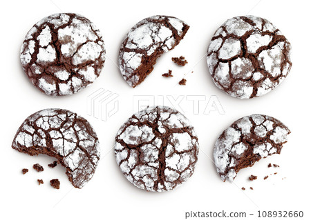 Chocolate brownie cookie isolated on white background. Top view. Flat lay. Set or collection Chocolate brownie cookie isolated on white background. Top view. Flat lay. Set or collection 108932660