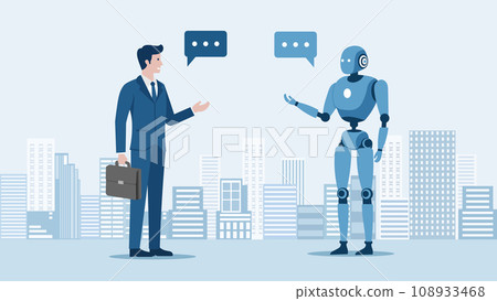 Artificial intelligence and Ai technologies assistance concept, businessman talking to android modern robot making research business plan,Human using chatbots generates image,articles,image,program 108933468