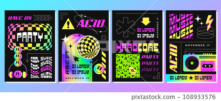 Rave acid posters with abstract geometric shapes, smiles and rainbow frame 108933576