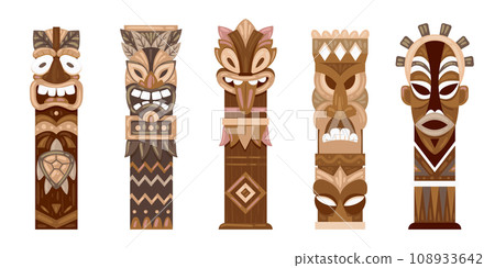 Ritual wooden statues. Cartoon ethnic tiki totems, aboriginal pole totems flat vector illustration set. Hawaiian or african traditional sculptures Ritual wooden statues. Cartoon ethnic tiki totems, aboriginal pole totems flat vector illustration set. Hawaiian or african traditional sculptures 108933642