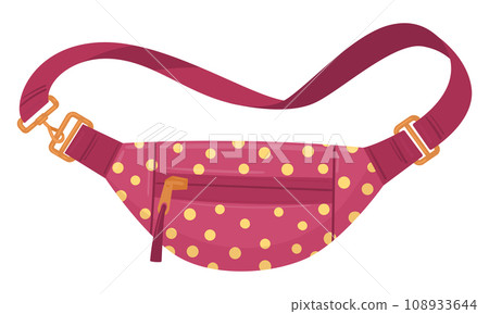 Vintage zipped pouch. Cartoon nylon waist bag in polka dot, belt bag with zipper pocket flat vector illustration. Waist old school bag 108933644