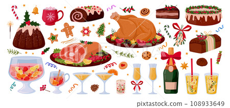 Christmas food. Winter holiday meal, turkey, ham, punch, champagne, xmas pastry, cookies and sweets flat vector illustration set. Festive Christmas food collection 108933649