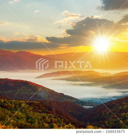cold fog in the valley of carpathian mountains at sunset. autumn season. beautiful countryside scenery in evening light. view from above 108933675