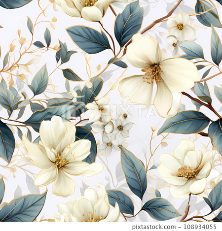 Colorful seamless pattern design of flowers, branches and buds in vintage painting style. Blue spruce color palette. Generative AI. 108934055