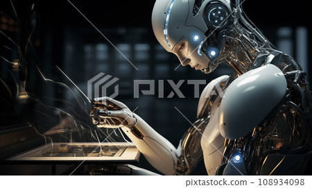 Futuristic android engaged in digital interface interaction. Generative AI 108934098