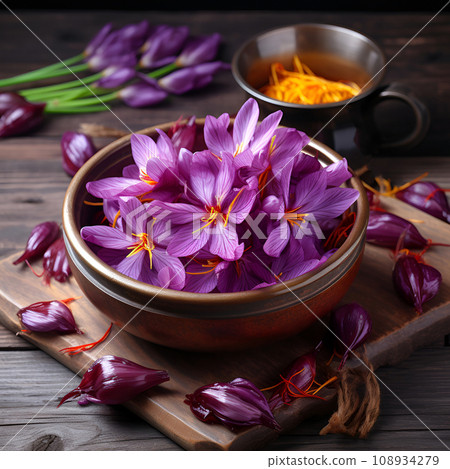Saffron flowers in wooden bowl on a wooden background 108934279