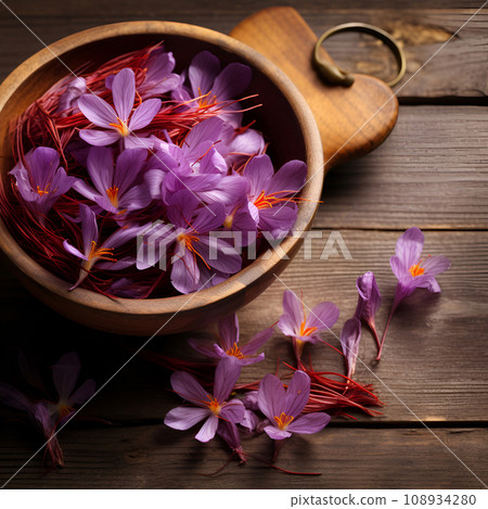 Saffron flowers in wooden bowl on a wooden background Saffron flowers in wooden bowl on a wooden background 108934280
