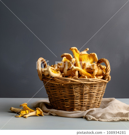 Basket with chanterelle mushrooms on a concrete background. Copy space Basket with chanterelle mushrooms on a concrete background. Copy space 108934281