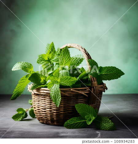 Basket with fragrant mint herbs on a marble background 108934283