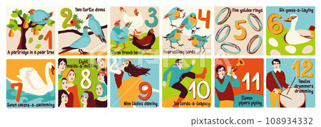 Twelve days of Christmas. Vector collection of images. Christmas countdown.  108934332