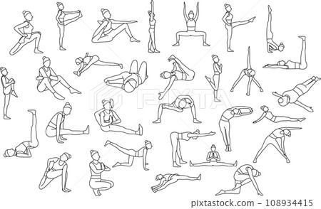 set of simple vector icons, healthy lifestyle, yoga asanas, sports, doodles and sketches 108934415