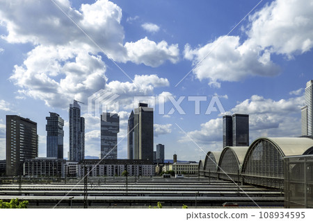 Frankfurt, Germany, 06.30.2023, cityscape of Frankfurt seen from a platform at the trainstation 108934595