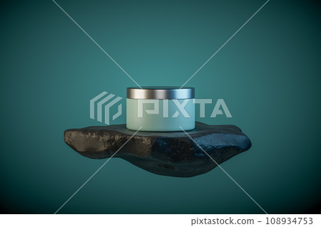 3d illustration of cosmetic container standing on black rock pedestal over dark teal background. 108934753