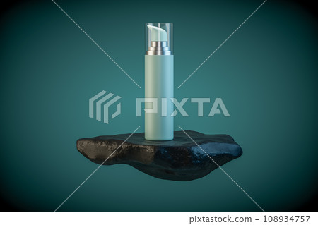 3d illustration of cosmetic container standing on black rock pedestal over dark teal background. 108934757