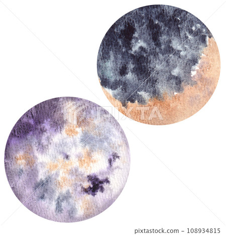 watercolor illustration of round spots, painted in blue and gold tones. two circles. paper texture on a white background. for icons, logos 108934815