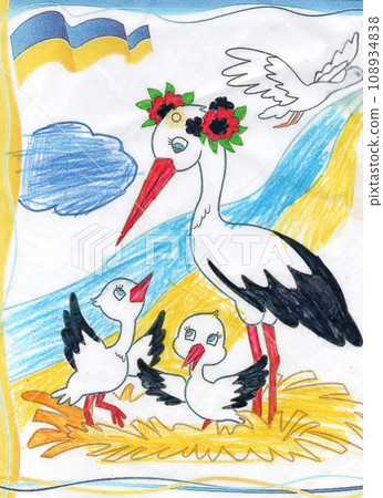 Children drawing with family of storks on nest. Symbol of Ukraine.Artwork of kid Children drawing with family of storks on nest. Symbol of Ukraine.Artwork of kid 108934838