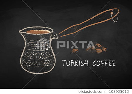 Turkish Coffee in Cezve on black chalkboard Turkish Coffee in Cezve on black chalkboard 108935013