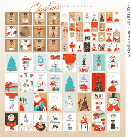 Hand drawn vector abstract fun Merry Christmas time cartoon illustrations greeting cards template and backgrounds big collection set with gift boxes,people and Xmas tree isolated on color background. 108935057