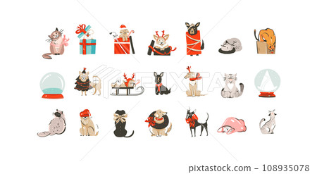 Hand drawn vector abstract cartoon Merry Christmas and Happy new year clipart illustrations elements set with pet cat and dogs characters.Merry Christmas cute design.Winter holiday decoration concept. 108935078