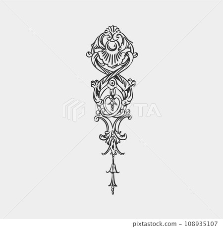 Hand drawn vector abstract outline,graphic,line vintage baroque ornament floral frame border in minimalistic modern style.Baroque floral vintage outline design concept.Vector antique divider isolated. 108935107