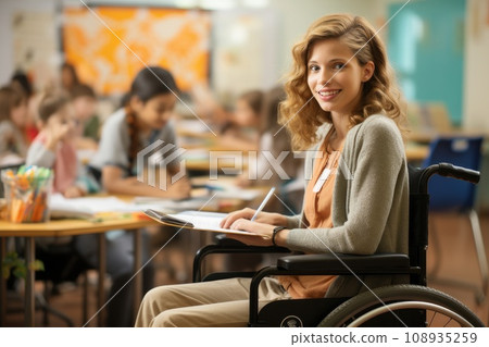 Wheelchair people at meeting room. Generative AI Wheelchair people at meeting room. Generative AI 108935259