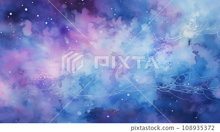Abstract watercolor background with swirling white lines and dots over a gradient of blue and purple hues, suggesting a dreamy cosmic theme. 108935372