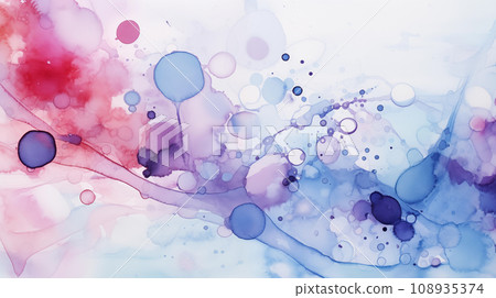 Dynamic watercolor artwork with bold splashes of red and blue, accented with circular and organic shapes, conveying a sense of creative chaos. 108935374