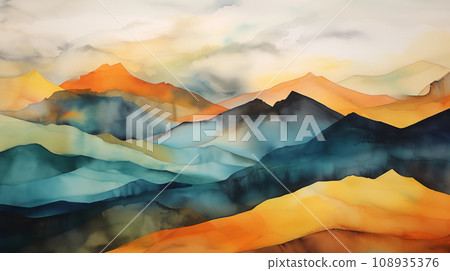 Captivating watercolor painting depicting a range of mountains in a fusion of orange, blue, and green hues with a smoky overlay, suggesting a mystical and atmospheric landscape full of depth and 108935376