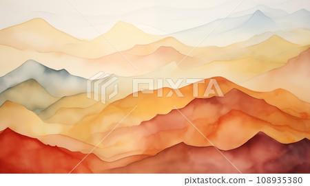 Watercolor abstract landscape painting of mountains with a variety of colors, including red, orange, yellow, black and brown, minimalist graphic design, clean lines. Watercolor abstract landscape painting of mountains with a variety of colors, including red, orange, yellow, black and brown, minimalist graphic design, clean lines. 108935380