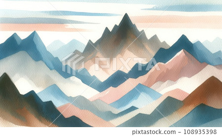 Watercolor artwork showcasing a detailed mountain landscape with layered peaks in shades of blue and pink, reflecting the beauty of dawn. 108935398