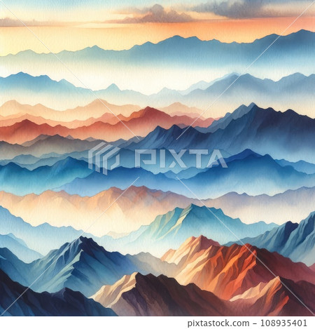 Panoramic watercolor painting illustrating a dynamic range of mountains with rich sunrise hues of blue, orange, and pink, creating a serene yet vibrant landscape. Panoramic watercolor painting illustrating a dynamic range of mountains with rich sunrise hues of blue, orange, and pink, creating a serene yet vibrant landscape. 108935401