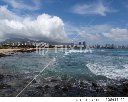 Sand Island Beach with Downtown Honolulu in the Distance Sand Island Beach with Downtown Honolulu in the Distance 108935411