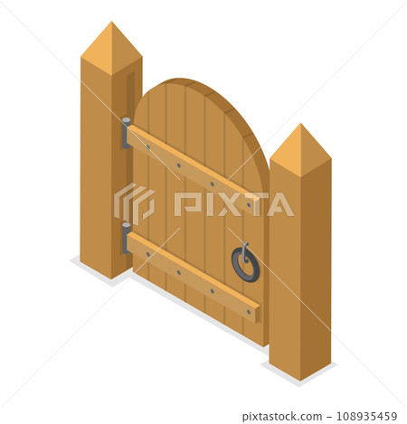 3D Isometric Flat Vector Set of Terrace Fences and Gates. Item 3 108935459