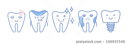 Cute Line Tooth Icon with Face and Smile Vector Set 108935540
