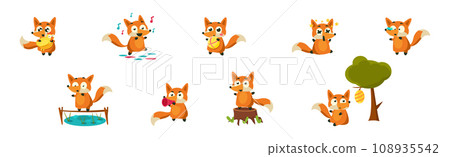 Cute Red Fox with Bushy Tail and Funny Snout Vector Set 108935542