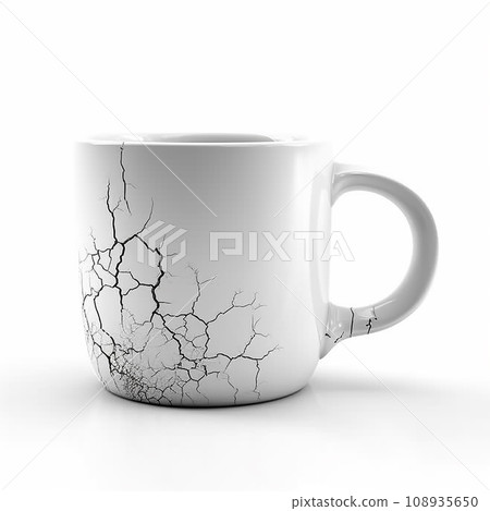 Broken white mug, cup with cracks isolated on white, symbol of broken hopes, life 108935650
