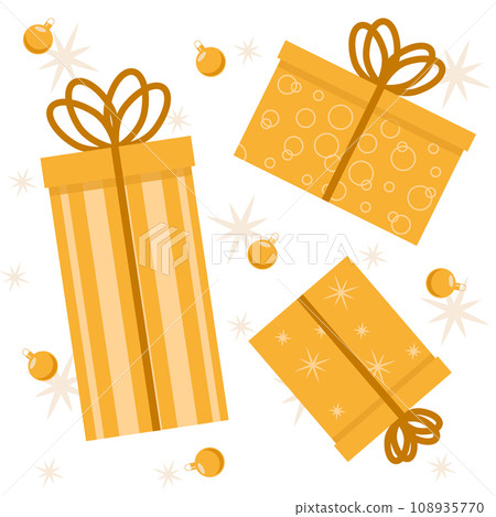 Festive ochre golden gift boxes with beige patterns of stars and ball ornaments on a white background vector Festive ochre golden gift boxes with beige patterns of stars and ball ornaments on a white background vector 108935770