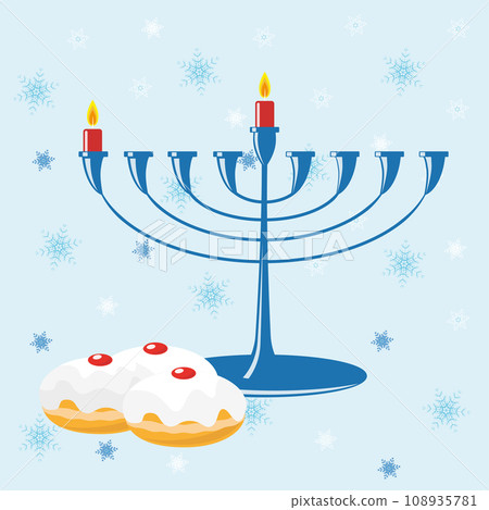 Festive blue vector illustration with traditional Hanukkiyah with two candles, doughnuts and Magen David on a blue background flat design. 108935781