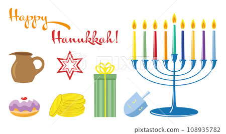 Happy Hanukkah colorful elements collection vector illustration Happy Hanukkah colorful elements collection vector illustration 108935782
