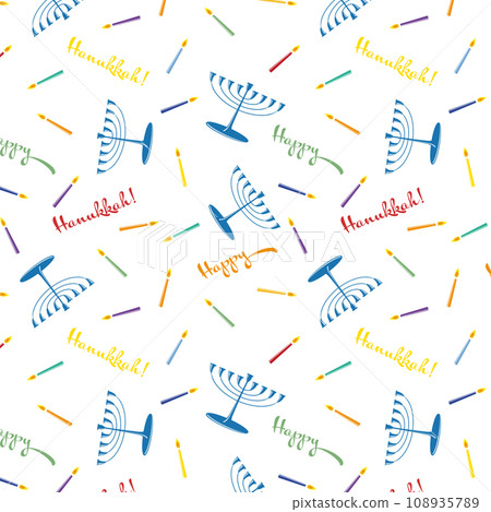 Festive seamless pattern with traditional jewish Hannukiya and colorful candles. Festive seamless pattern with traditional jewish Hannukiya and colorful candles. 108935789