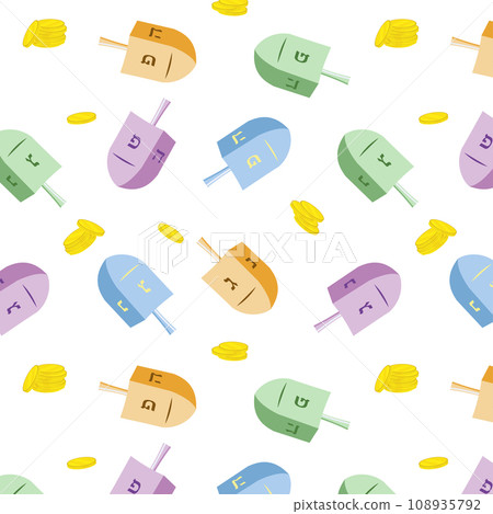 Festive annual Hannukkah seamless pattern with colorful dreidels and coins. Festive annual Hannukkah seamless pattern with colorful dreidels and coins. 108935792
