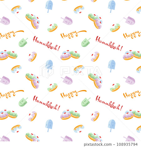 Festive annual Hannukkah seamless pattern with colorful jelly donuts and dreidels vector illustration. 108935794