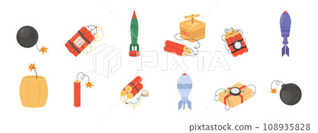 Cartoon bombs and dynamites. Various explosive weapon, mines and tnt. Military equipment, missilines and firecrackers. Snugly army vector clipart 108935828